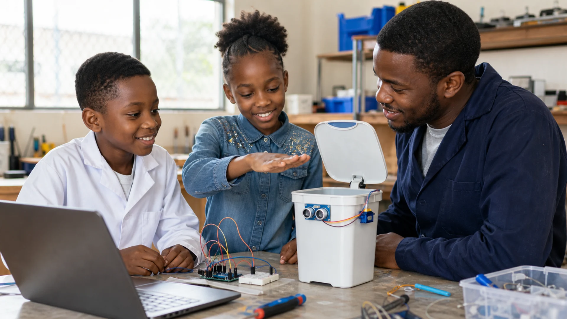 Learners building and testing the Mindlect automatic dustbin project