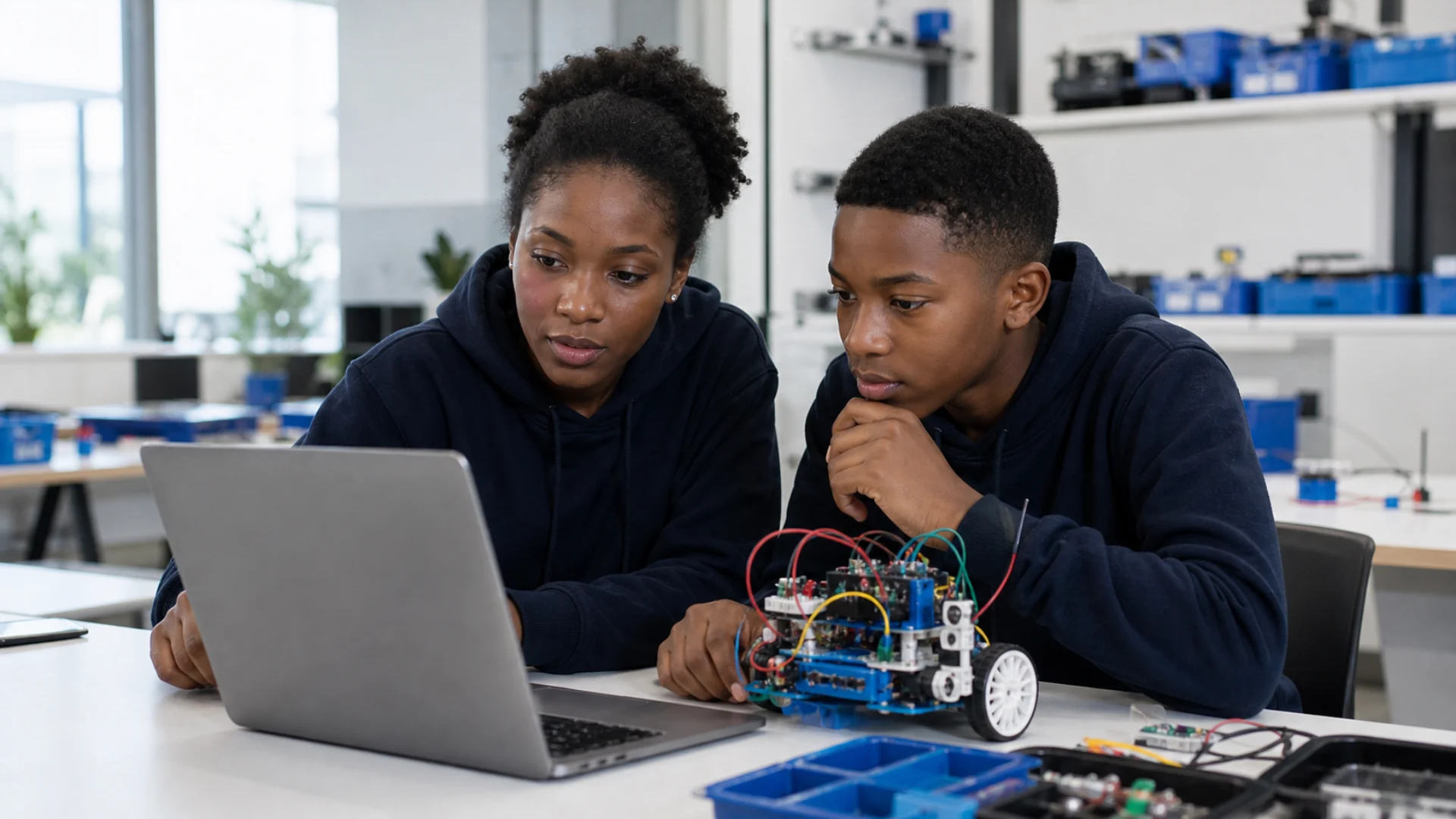 Two learners planning code together on a laptop