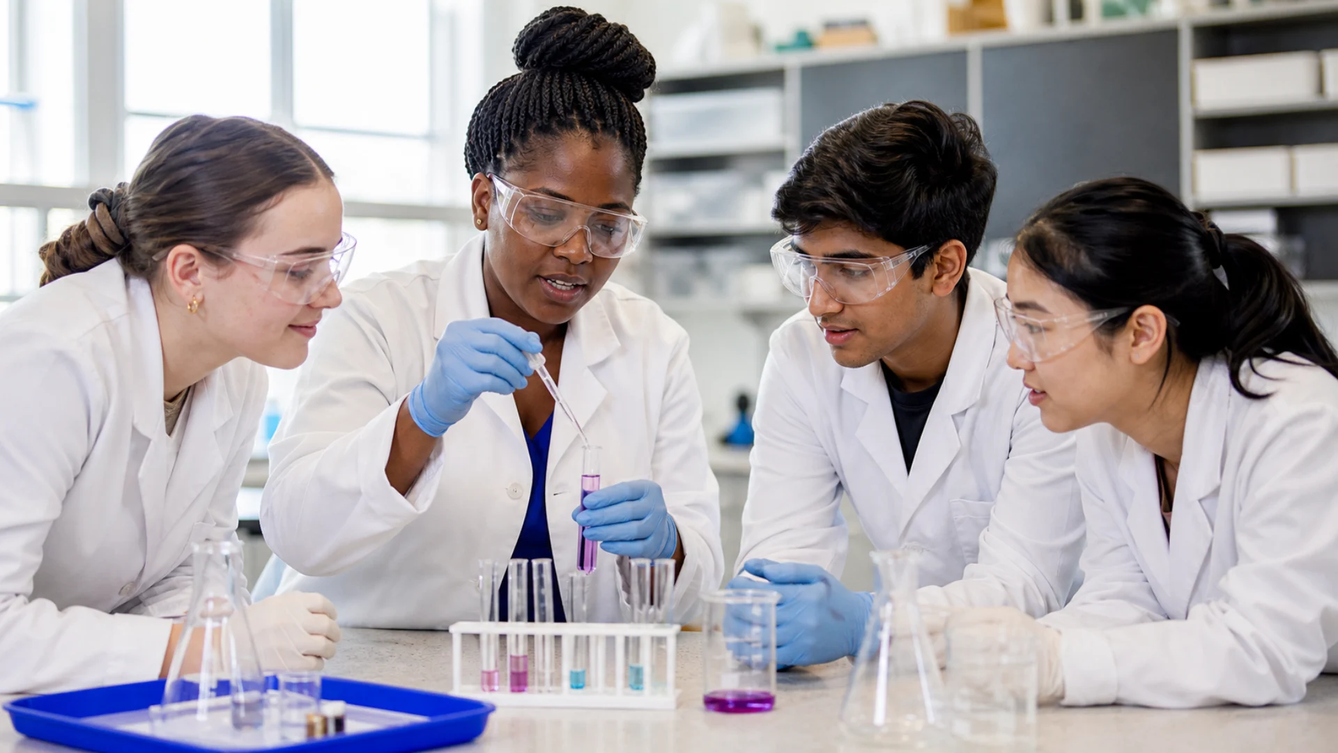 Learners and an instructor wearing safety glasses during a science investigation