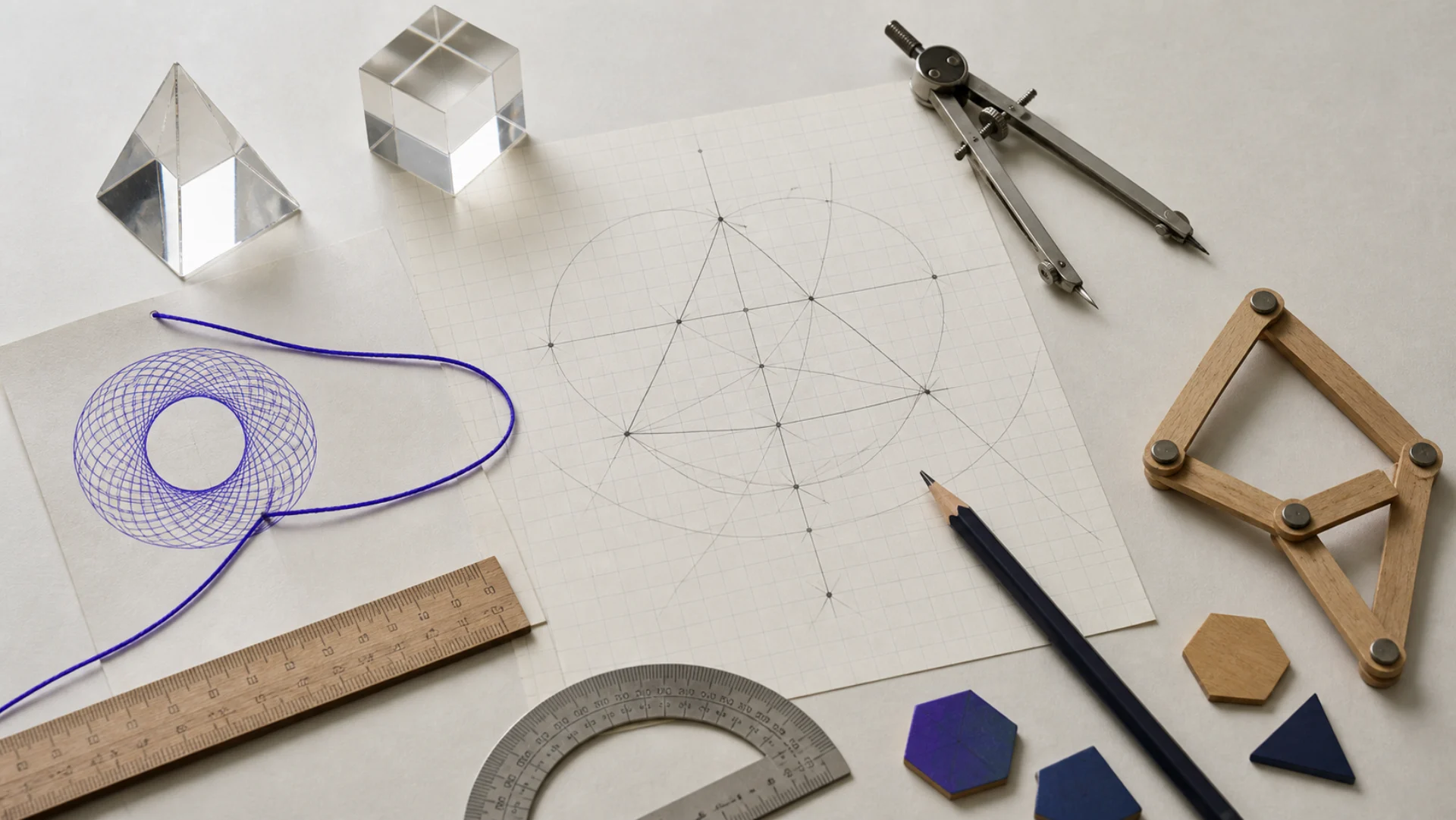 Ruler, protractor, compass and geometric shapes on squared paper
