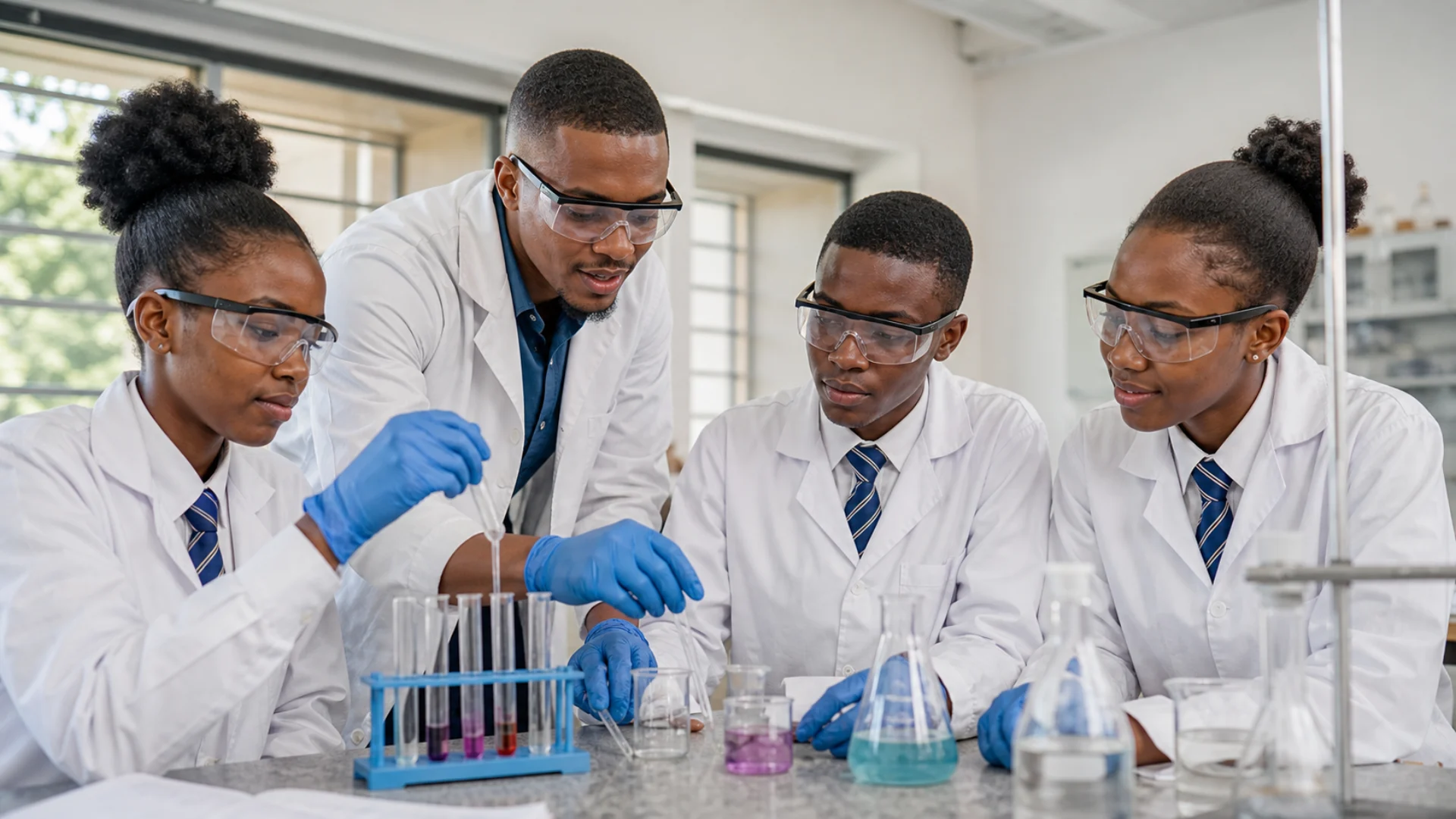 Learners conducting a supervised chemistry experiment in a school laboratory